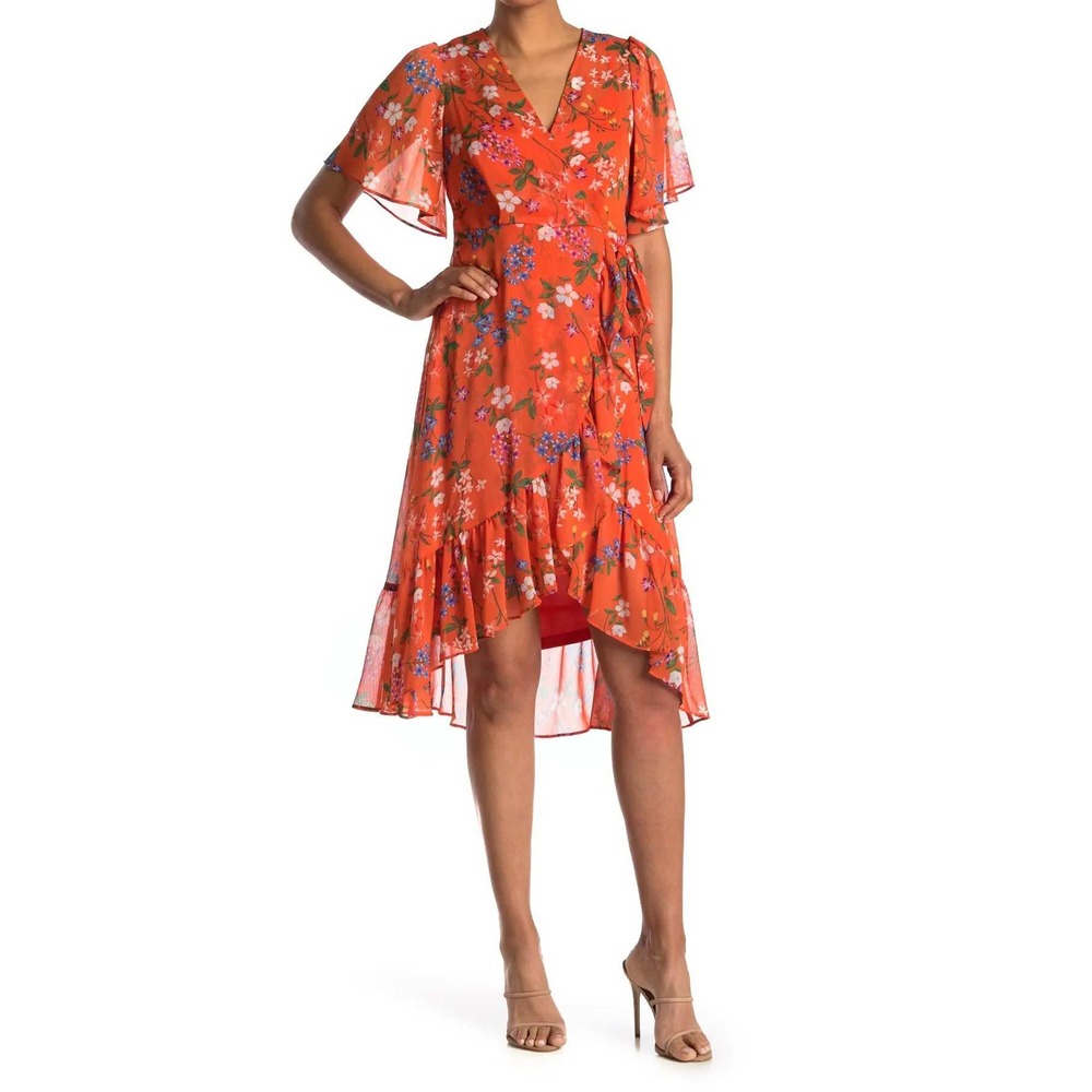 Calvin Klein Orange Floral Flutter Sleeve Midi Dress Size 10